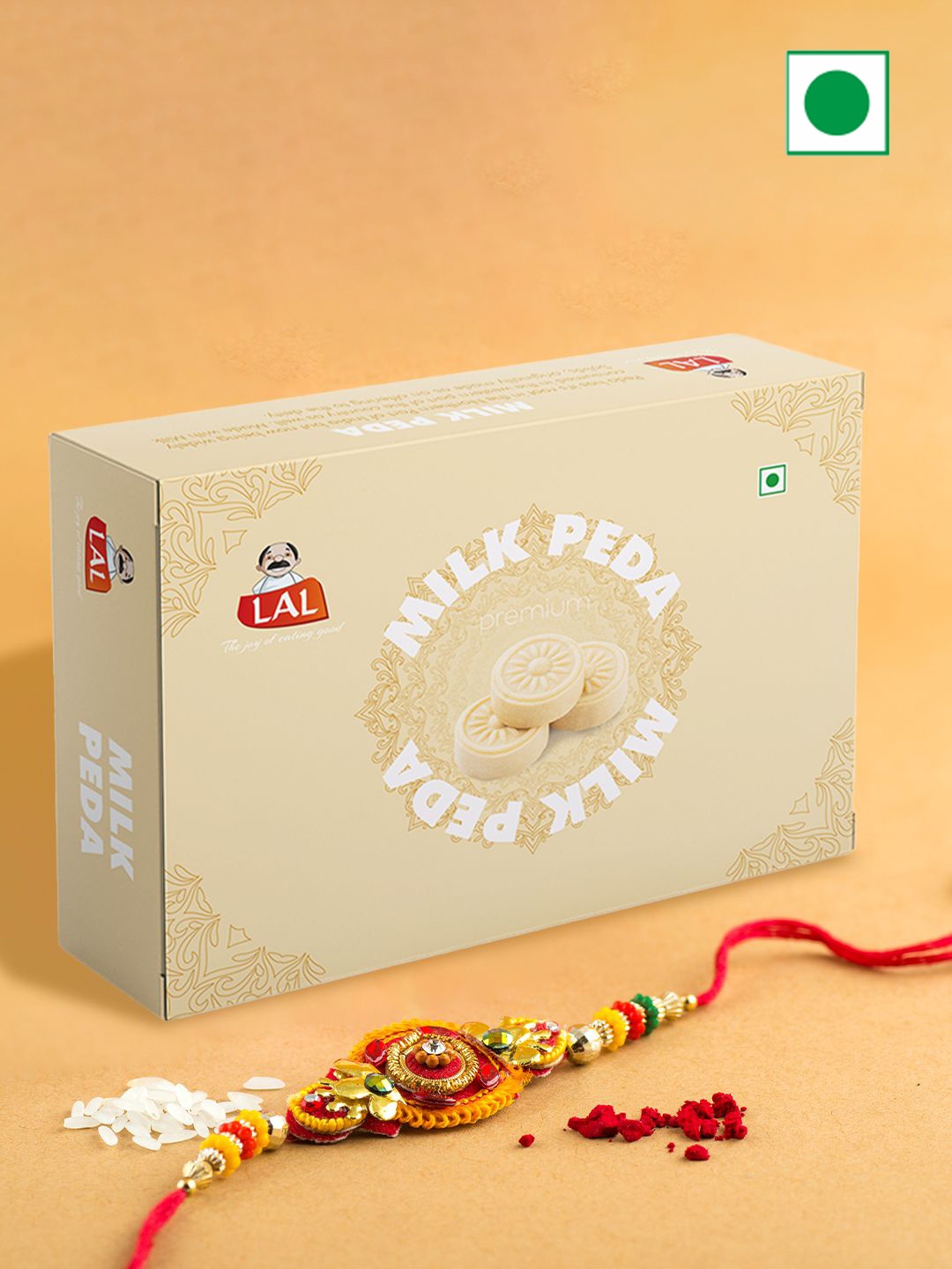 

LAL 1-Pc Rakhi With Sweets Milk Peda & Roli Chawal Gift Set, Brown