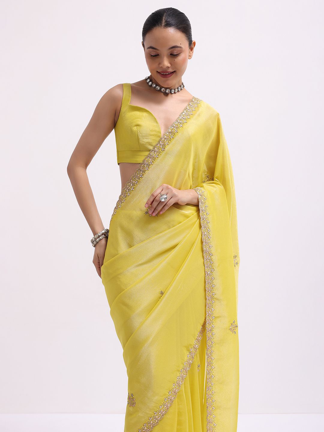 

KALKI Fashion Embellished Beads and Stones Tissue Saree, Yellow