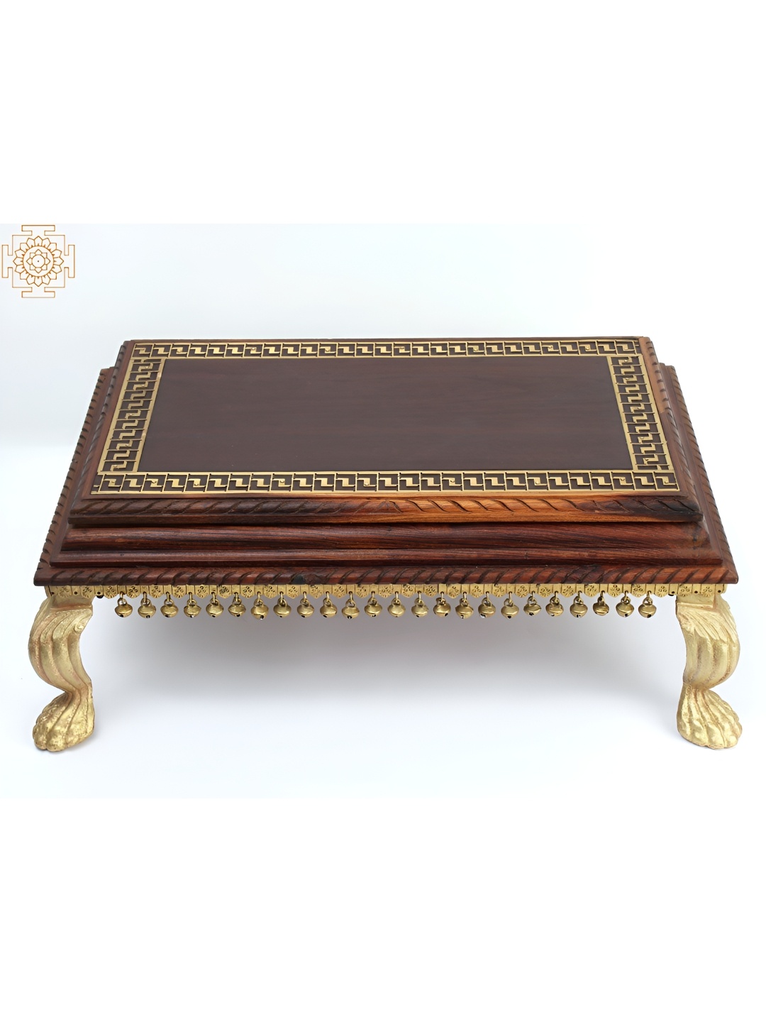 

Exotic India 24" Brass and Wood Rectangular Chowki, Brown