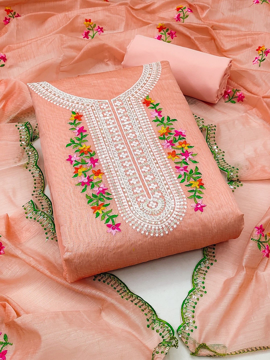 

LeeliPeeri Designer Embroidered Unstitched Dress Material, Peach