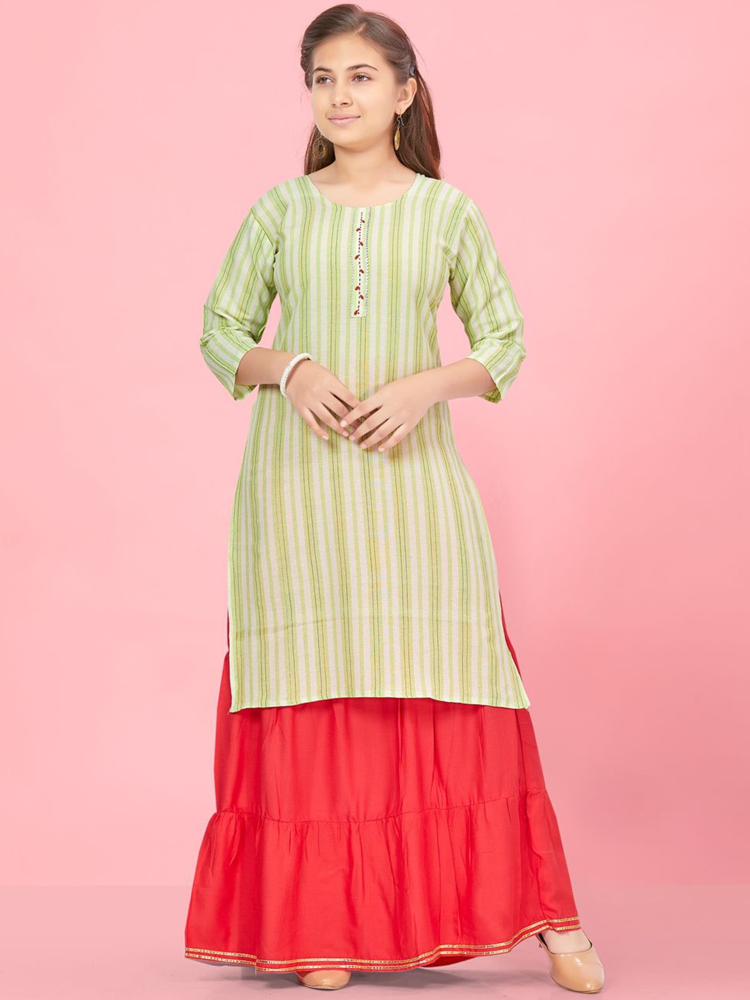 

BAESD Girls Striped Thread Work Cotton Straight Kurta, Green