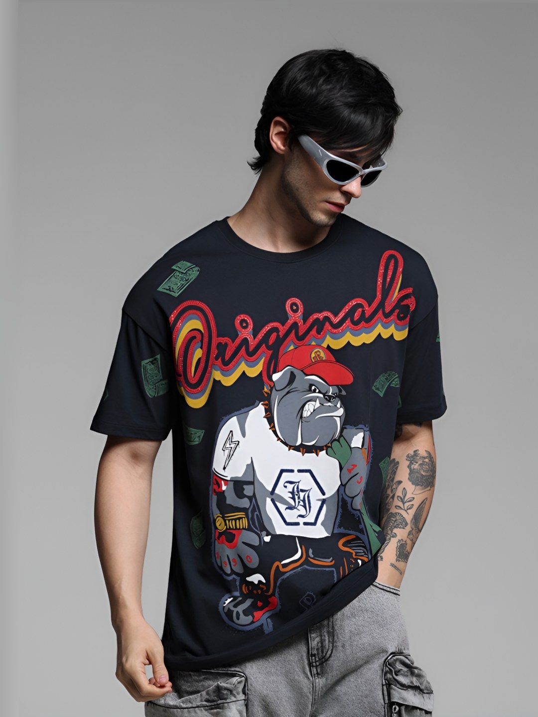 

Jack & Jones Men Graphic Printed Round Neck Cotton Oversized T-Shirt, Navy blue