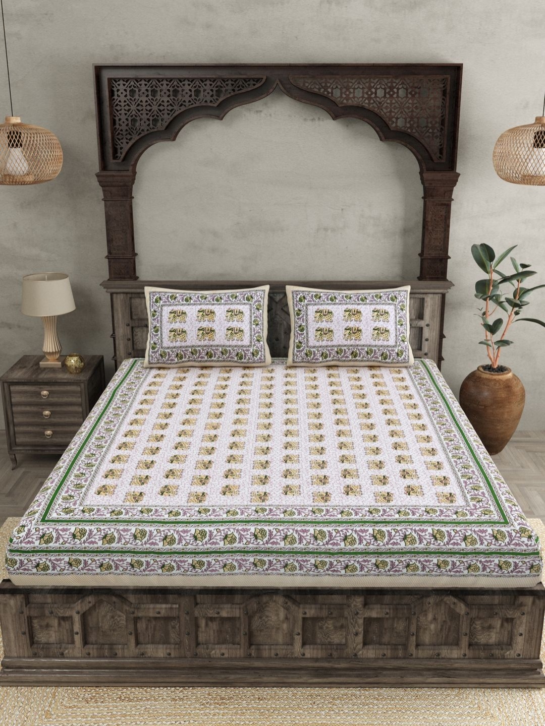 

JAIPUR FABRIC Brown Pure Cotton Ethnic Motifs 144 TC King Bedsheet with 2 Pillow Covers, Green