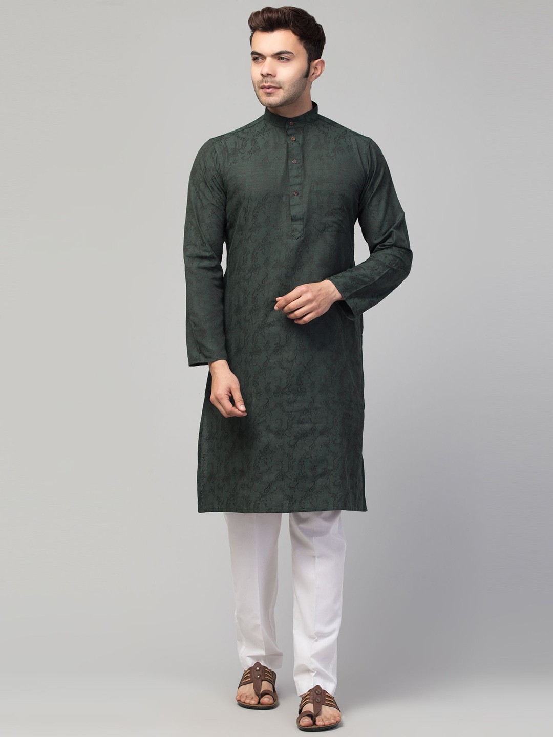 

MUSHKIYA Floral Woven Design Band Collar Straight Kurta, Green