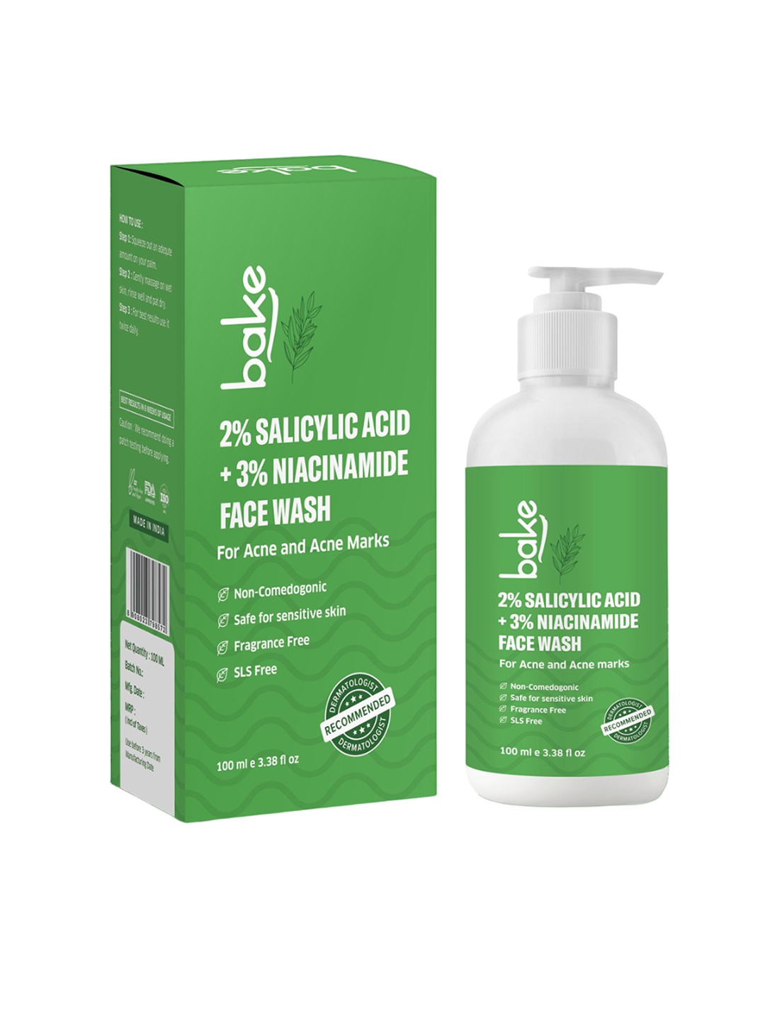 

BAKE 2% Salicylic Acid & 3% Niacinamide Anti-Acne Face Wash - 100 ml, Green
