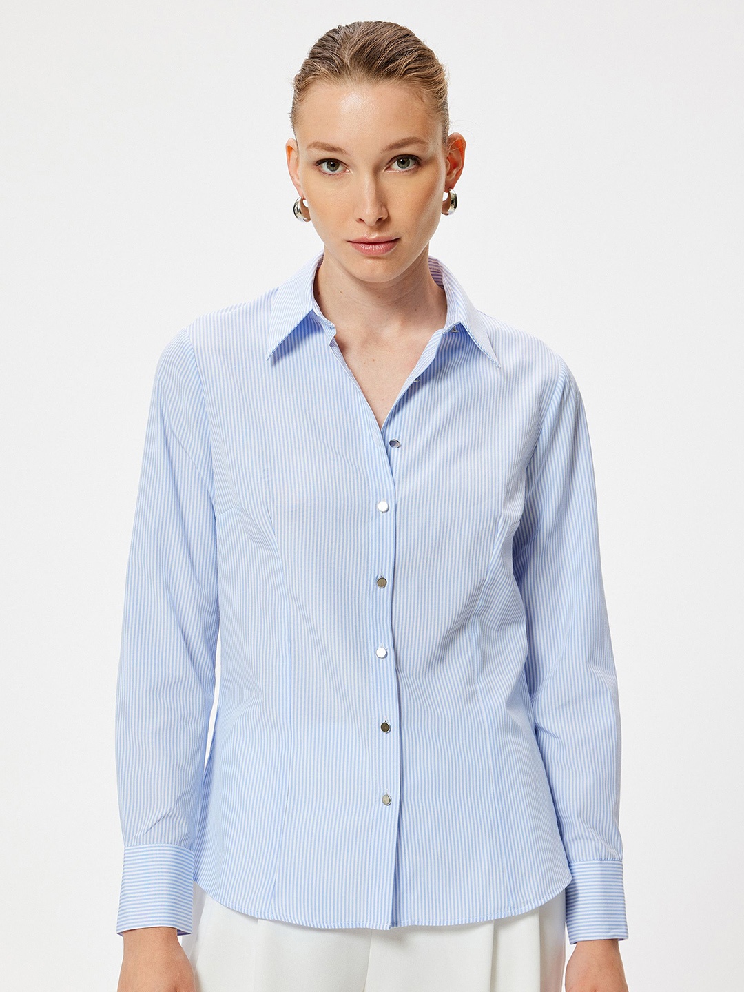 

Koton Women Spread Collar Vertical Striped Casual Shirt, Blue