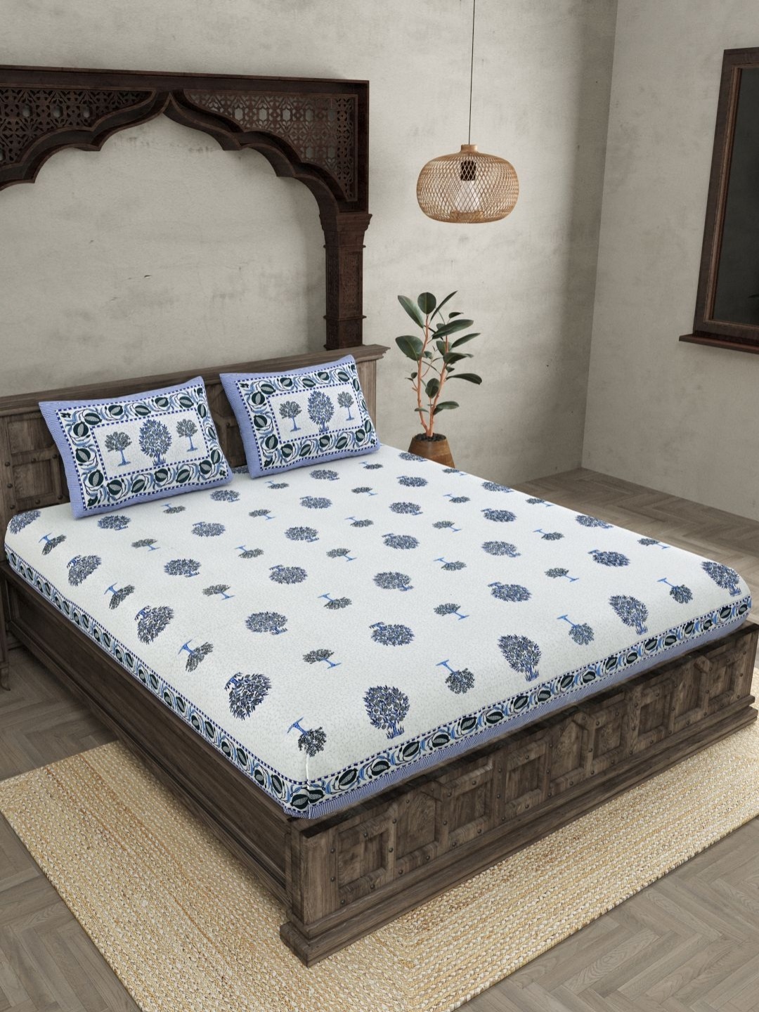 

JAIPUR FABRIC Blue Ethnic Motifs 144 TC Pure Cotton King Bedsheet with 2 Pillow Covers