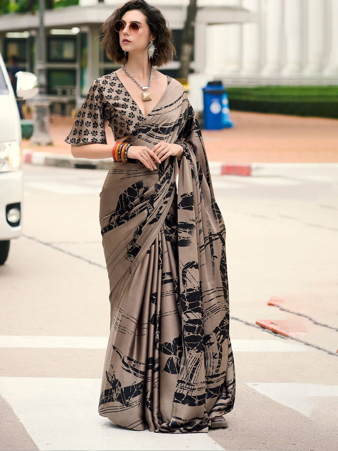 

MySilkLove Floral Satin Saree, Brown