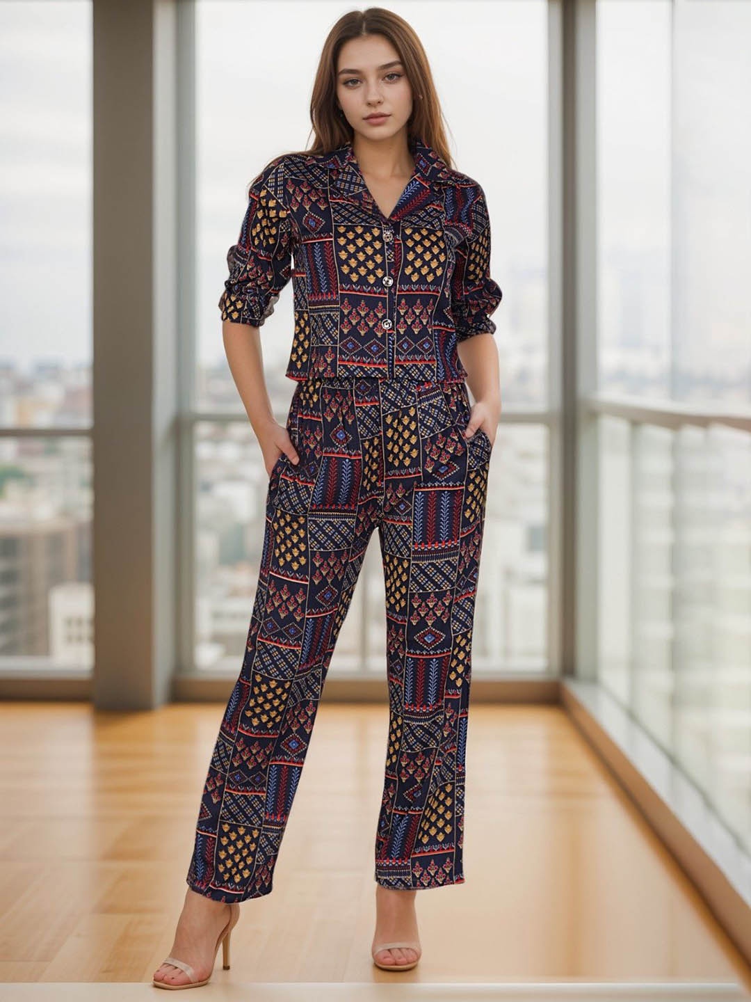 

BAESD Printed Cotton Shirt With Palazzos Co-Ords, Navy blue