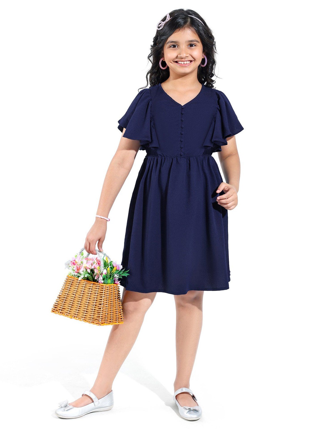

Hola Bonita Girls Flared Sleeve Fit & Flare Dress, Navy blue