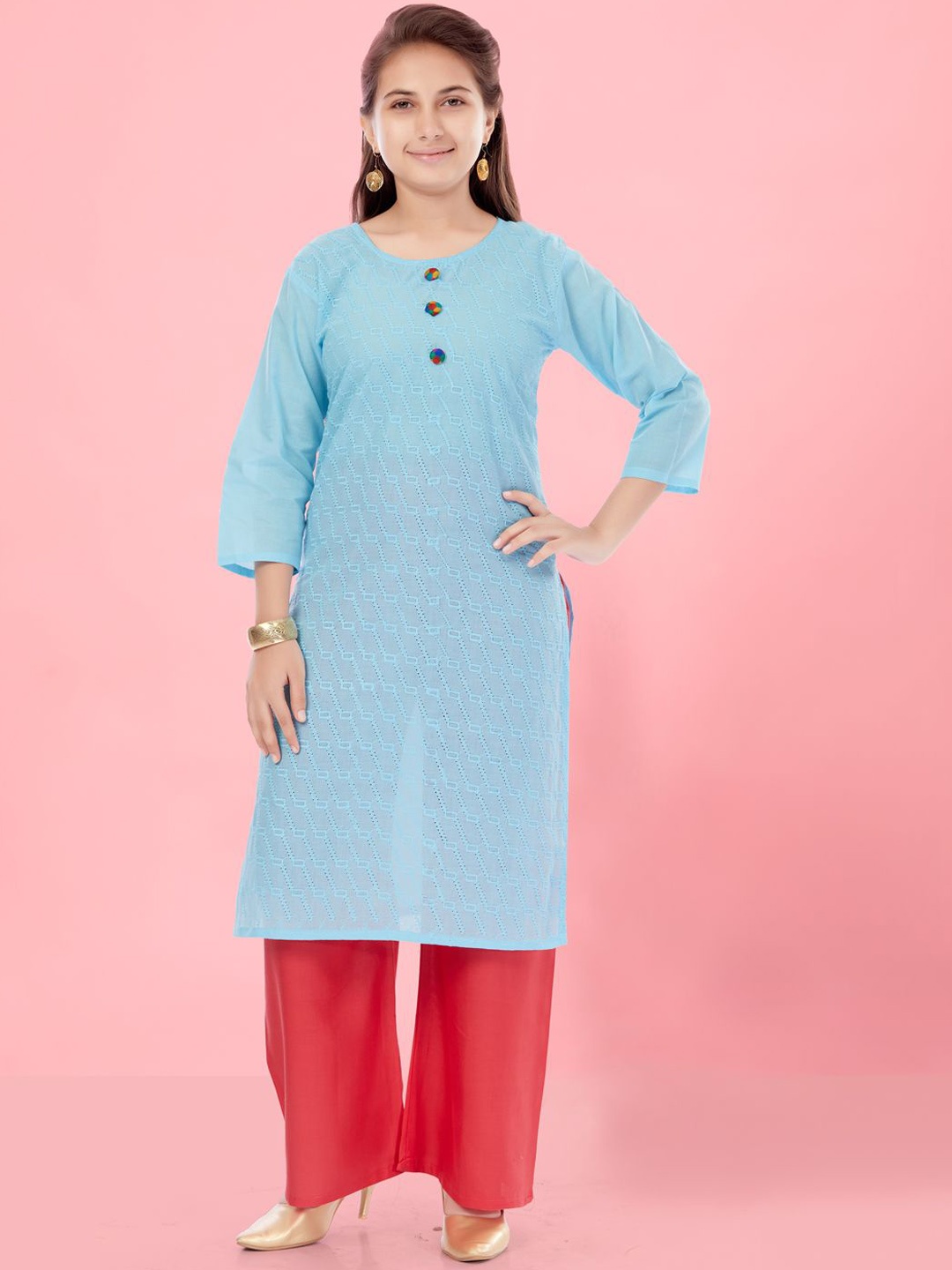 

BAESD Girls Geometric Embroidered Cotton Straight Kurta, Turquoise blue