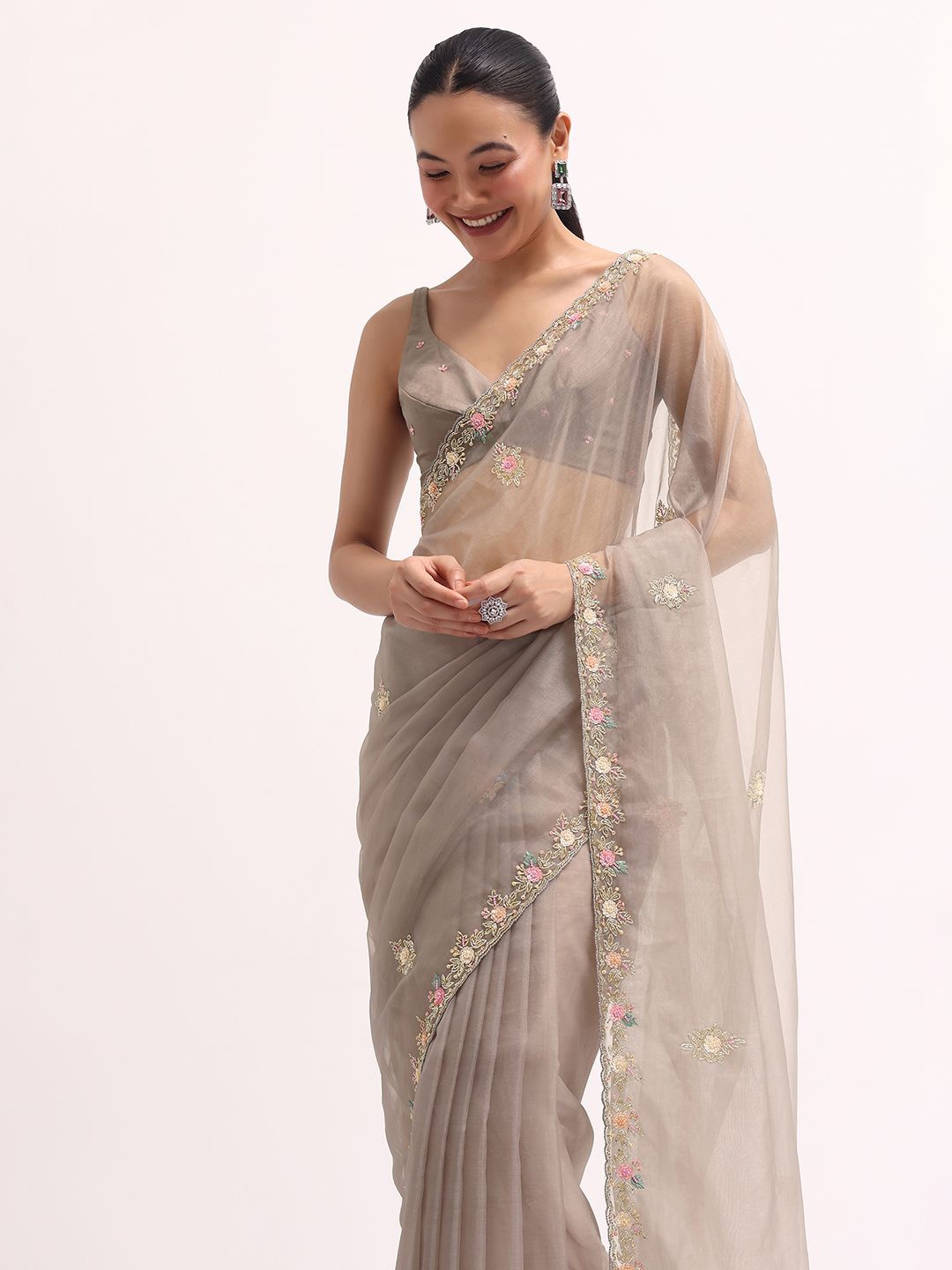 

KALKI Fashion Floral Embroidered Organza Saree, Grey