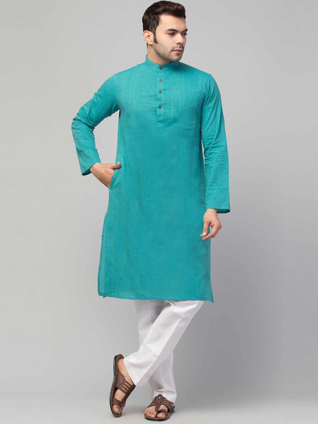

MUSHKIYA Mandarin Collar Cotton Straight Kurta, Green