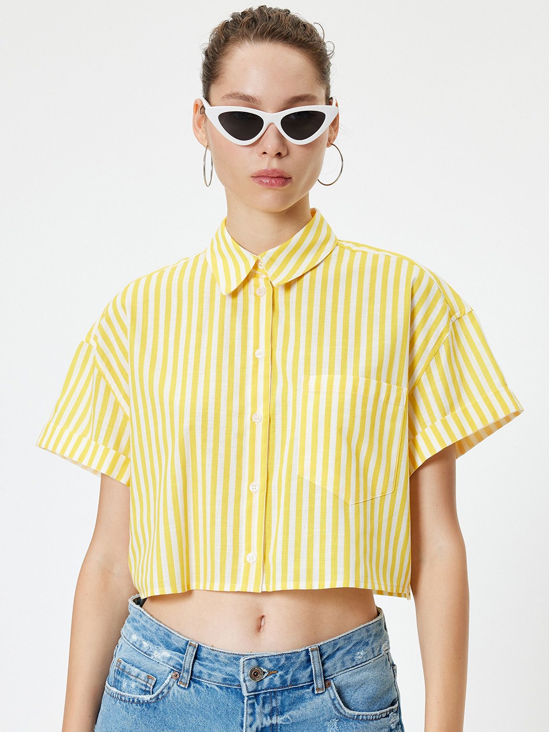 

Koton Women Spread Collar Vertical Striped Cotton Casual Shirt, Yellow