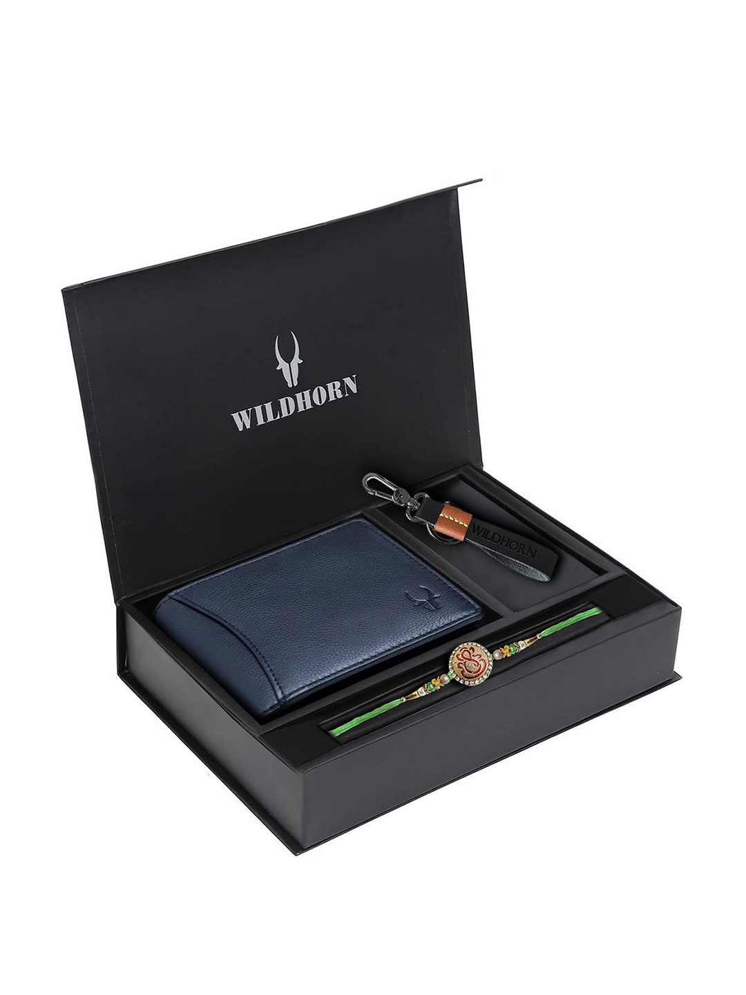 

WildHorn Men Accessory Gift Set Of Wallet Card Holder Keychain With & Rakhi, Blue