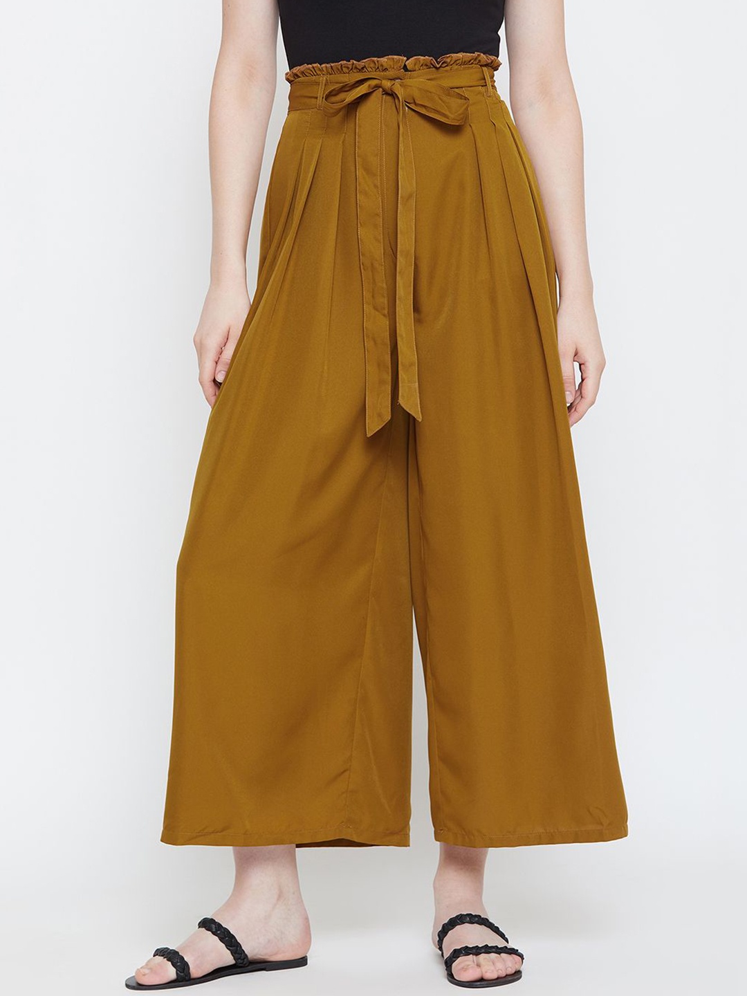 

La Zoire Women Flared Crepe Western Palazzos, Mustard
