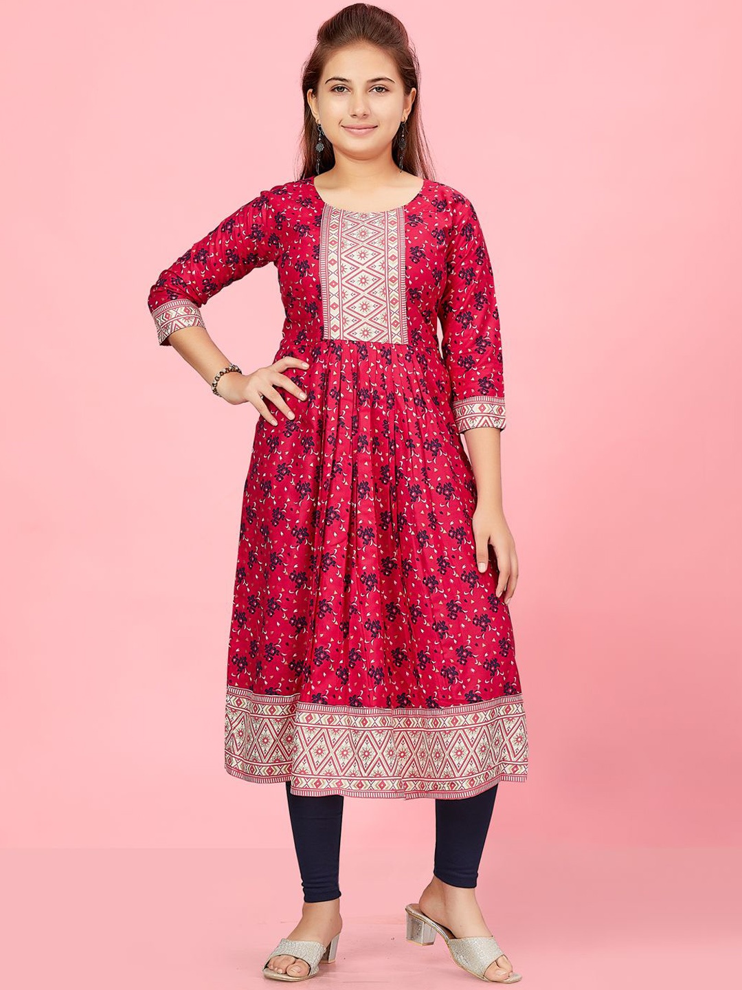 

BAESD Girls Floral Printed Empire Cotton Anarkali Kurta, Pink