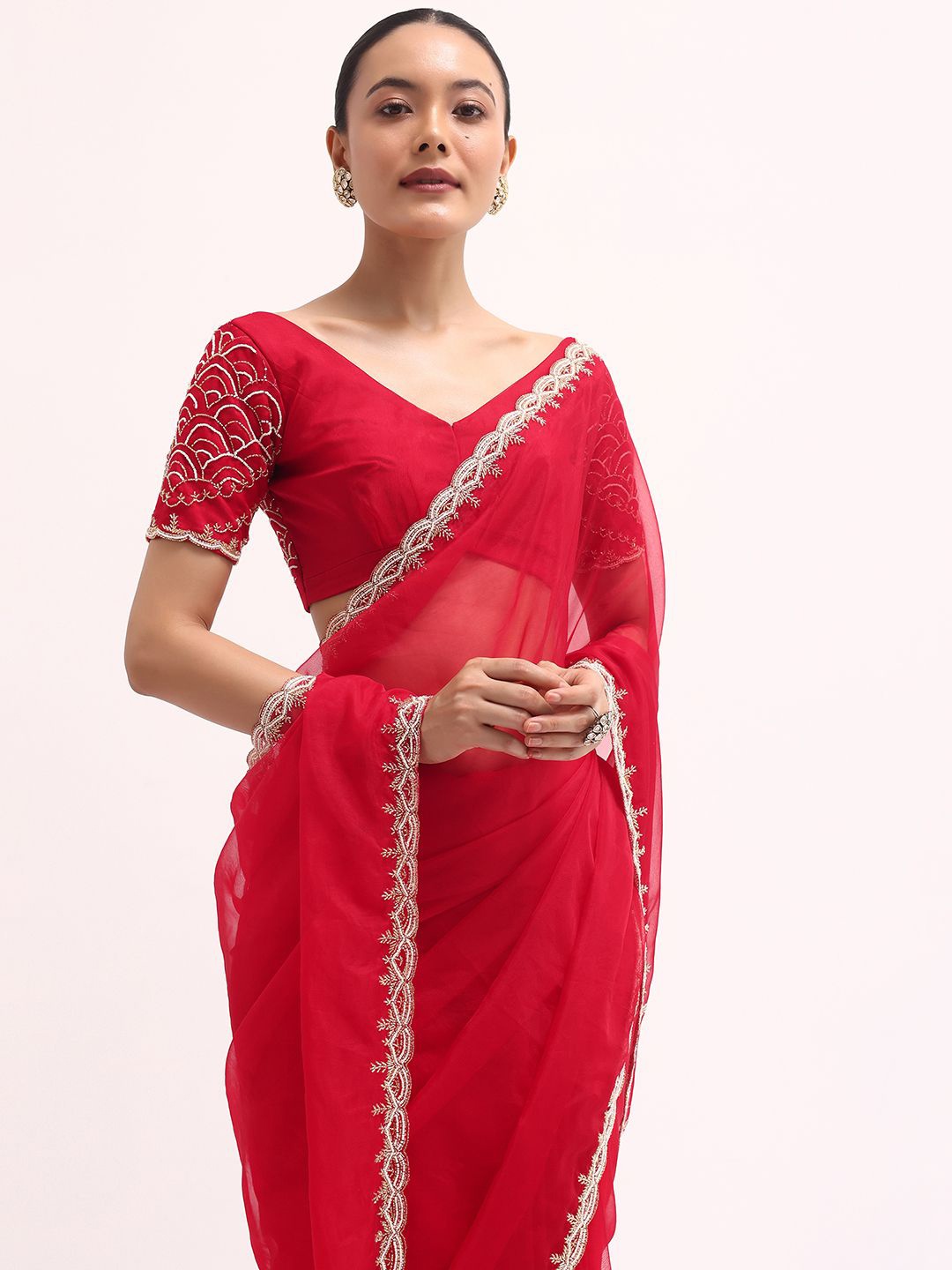 

KALKI Fashion Beads and Stones Organza Saree with Scallop Border, Red