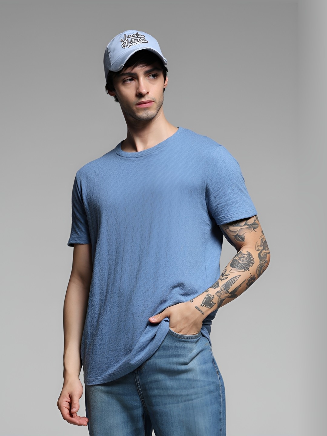 

Jack & Jones Men Self Design Round Neck Cotton T-Shirt, Blue