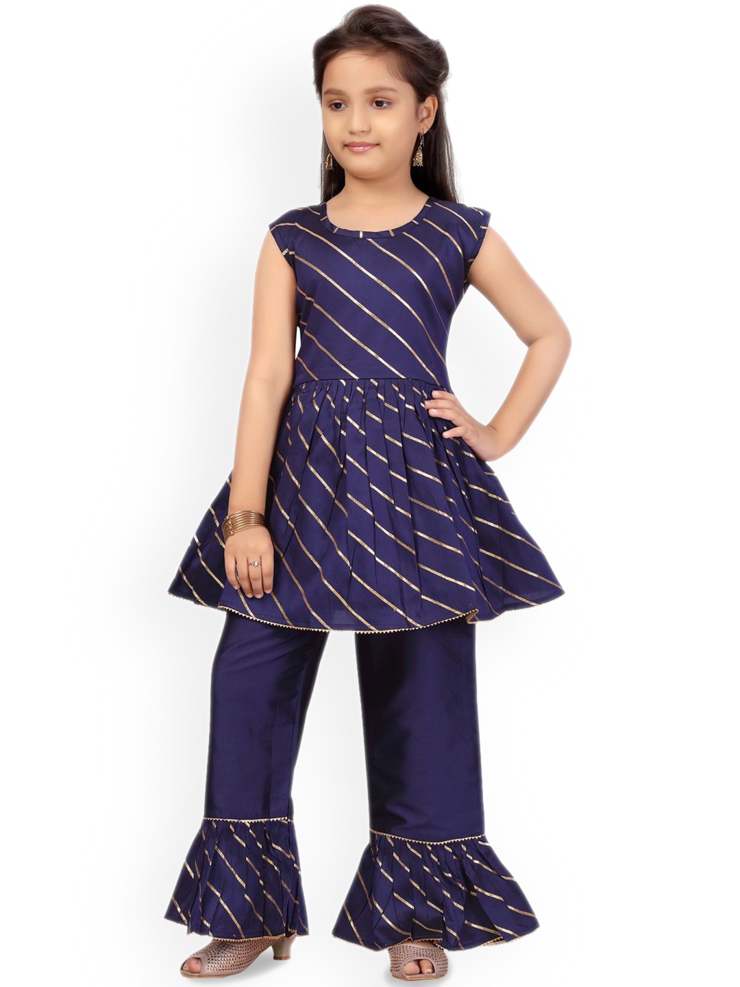 

BAESD Girls Striped Regular A-Line Pure Cotton Kurta with Palazzos, Navy blue