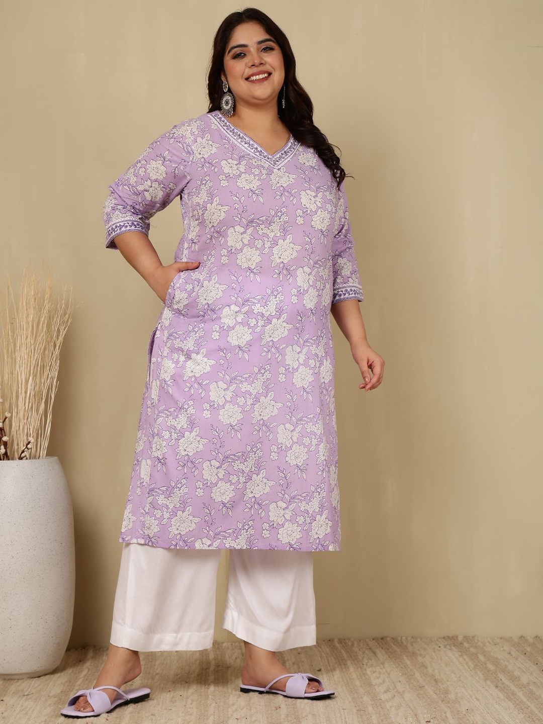 

GULMOHAR JAIPUR Plus Size Floral Printed Jaipur Cotton Straight Kurta, Lavender