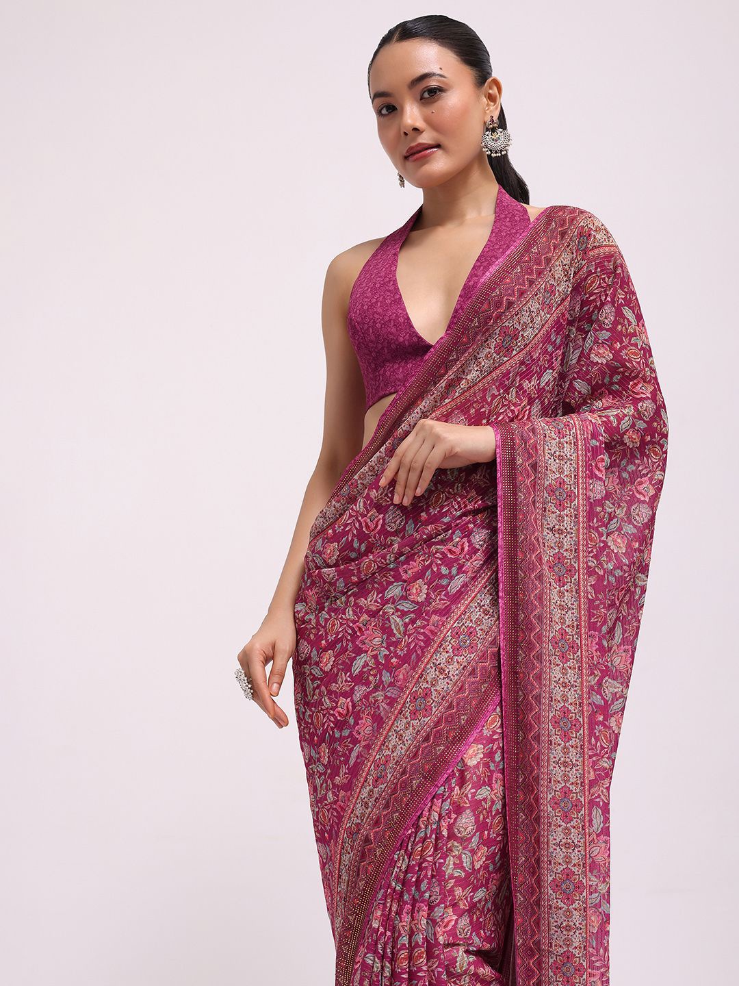 

KALKI Fashion Floral Beads and Stones Pure Georgette Saree, Pink