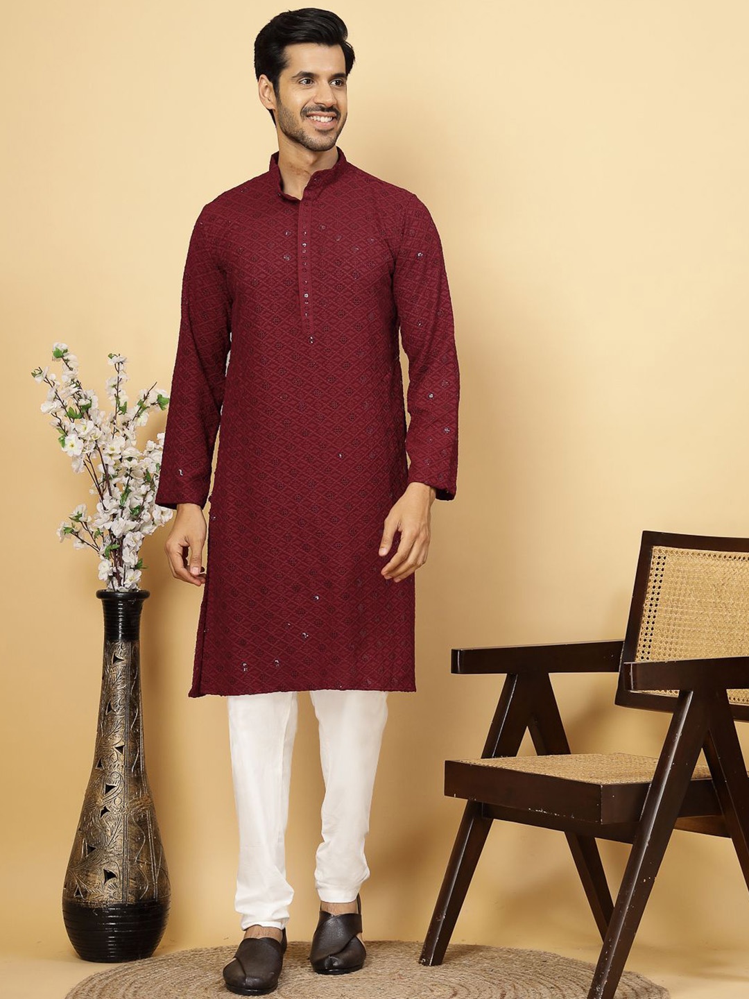 

FABINALIV Ethnic Motifs Embroidered Sequined Pure Cotton Kurta, Maroon