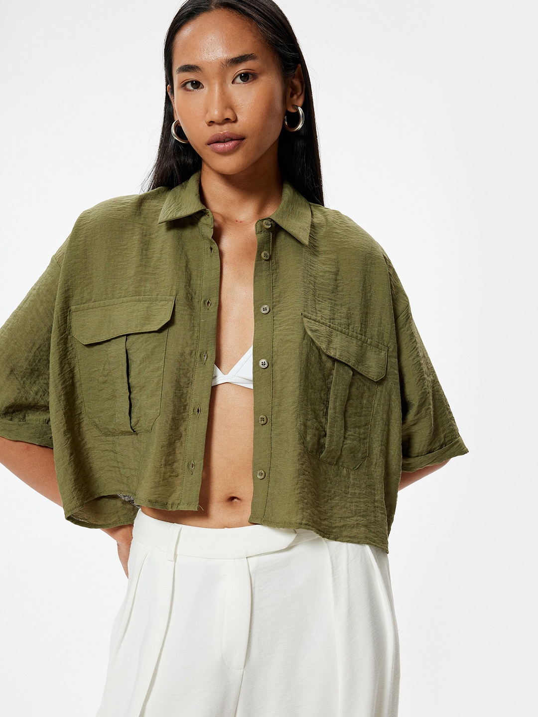 

Koton Women Spread Collar Solid Oversized Casual Shirt, Green