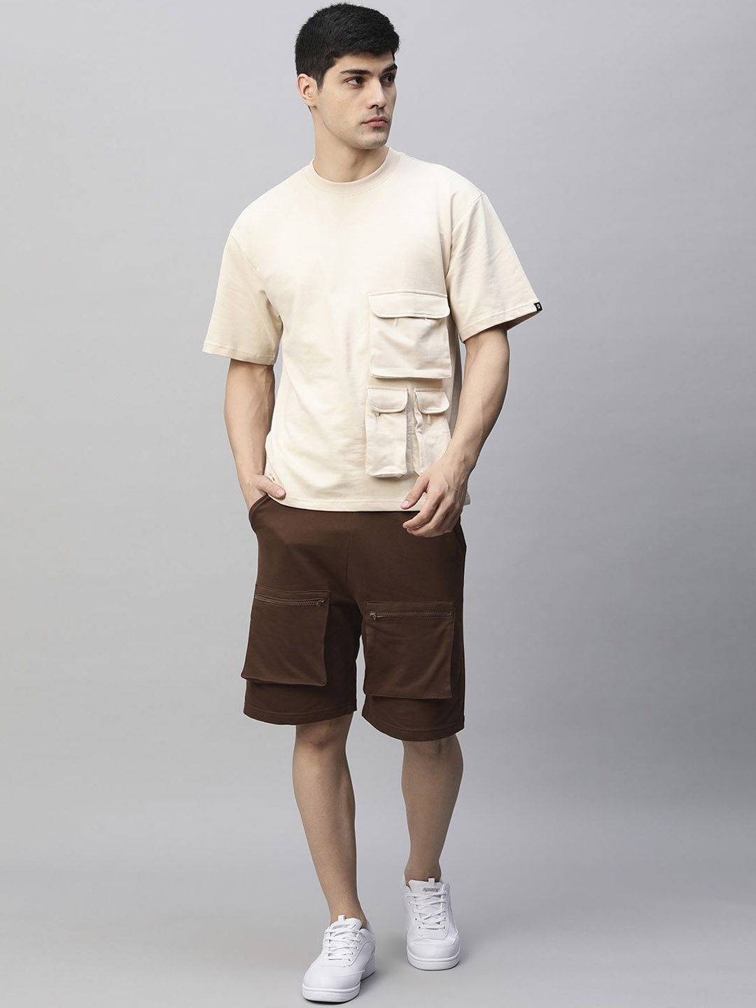 

PRONK Oversized Cargo T-Shirt With Shorts Co-Ords, Beige
