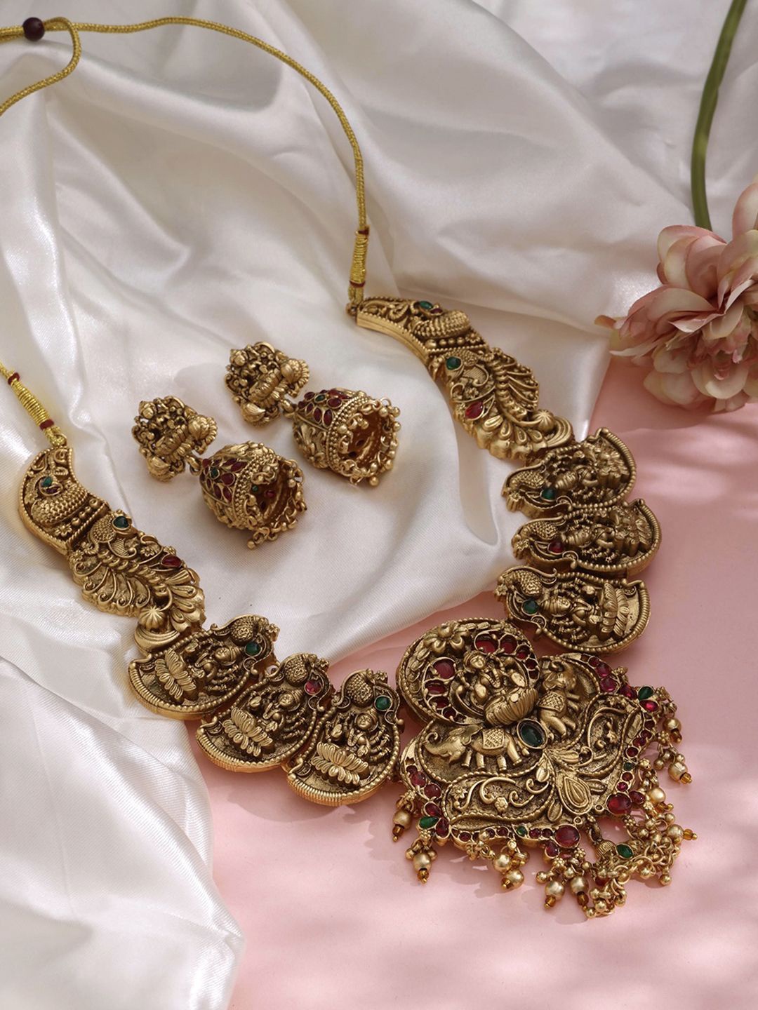 

PANASH Gold-Plated Stone-Studded Temple Jewellery Set