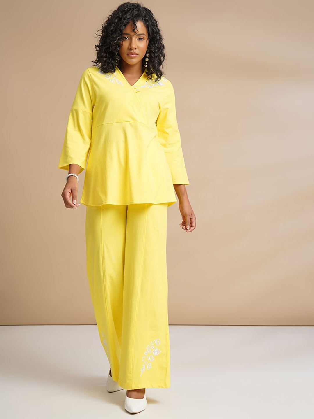 

ONE SKY Embroidered Cotton Tunic & Palazzo Co-Ords, Yellow