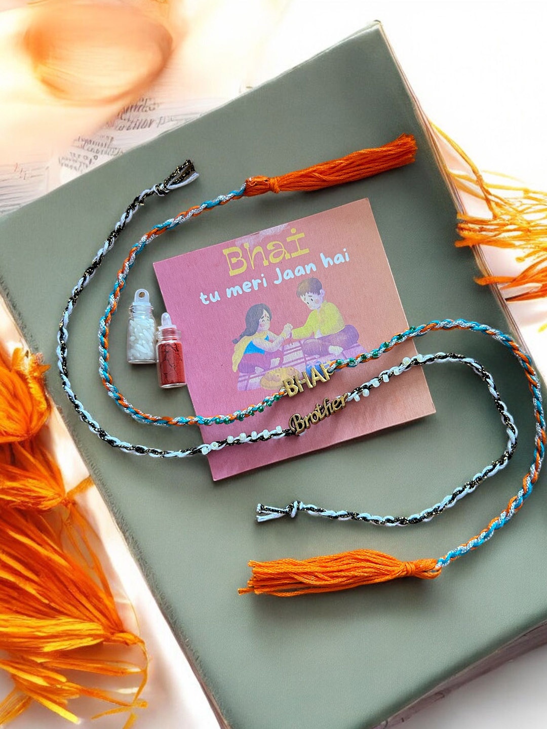 

JEWELWATI Set Of 2 Beaded Rakhi With Roli Chawal & Greeting Card, Green