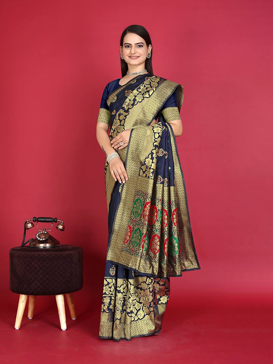 

Anjaneya Sarees Woven Design Zari Silk Blend Banarasi Saree, Navy blue