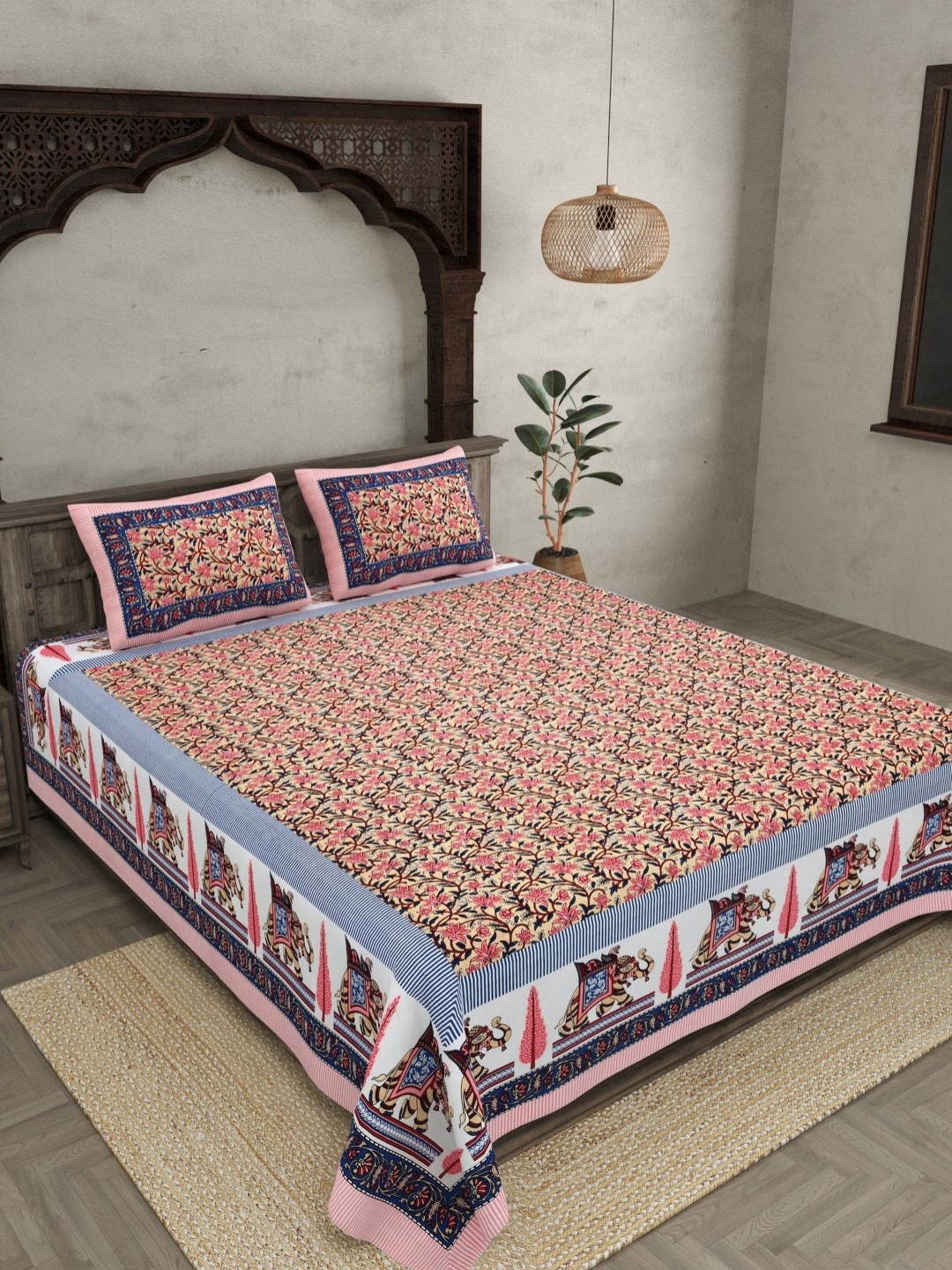 

JAIPUR FABRIC Pink Floral Printed 144 TC Pure Cotton King Bedsheet with 2 Pillow Covers