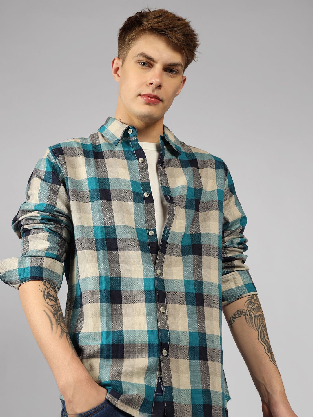 

Dennis Lingo Men Button-Down Collar Tartan Checked Cotton Casual Shirt, Blue