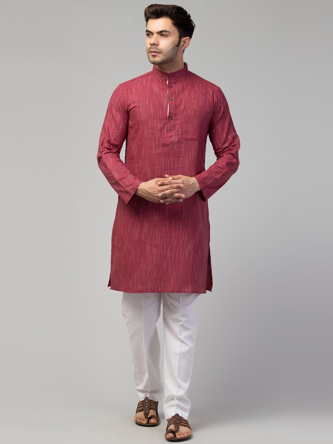 

MUSHKIYA Mandarin Collar Striped Thread Work Pure Cotton Straight Kurta, Maroon