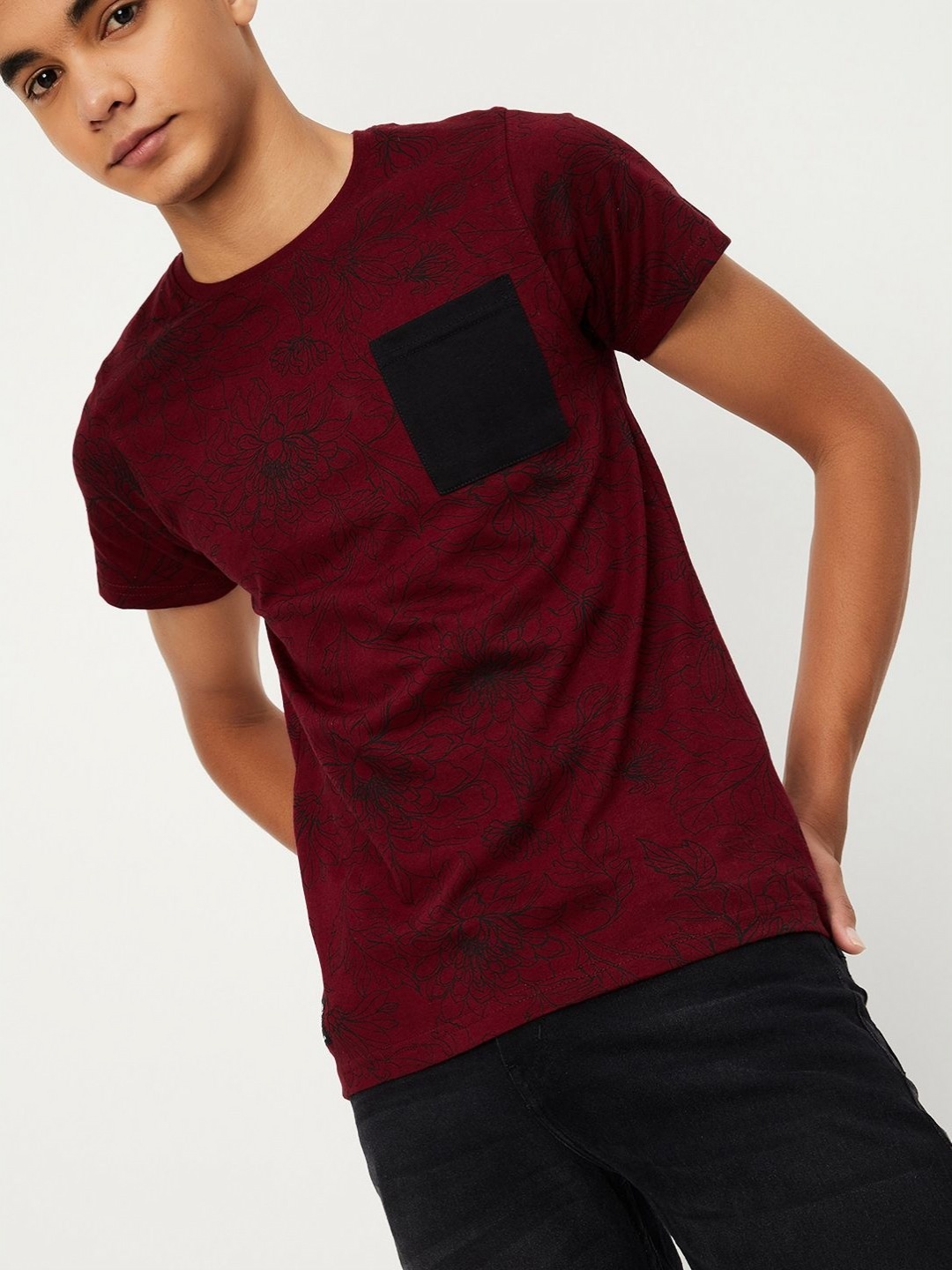 

max Boys Floral Printed Round Neck Cotton T-Shirt, Maroon