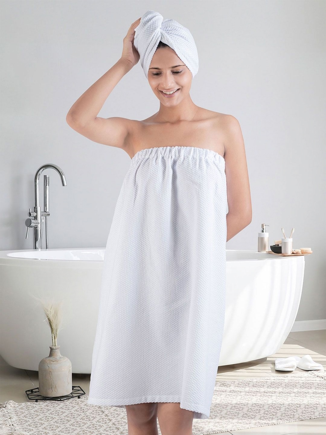 

MYTRIDENT White Pure Cotton Bath Robe With Headwrap