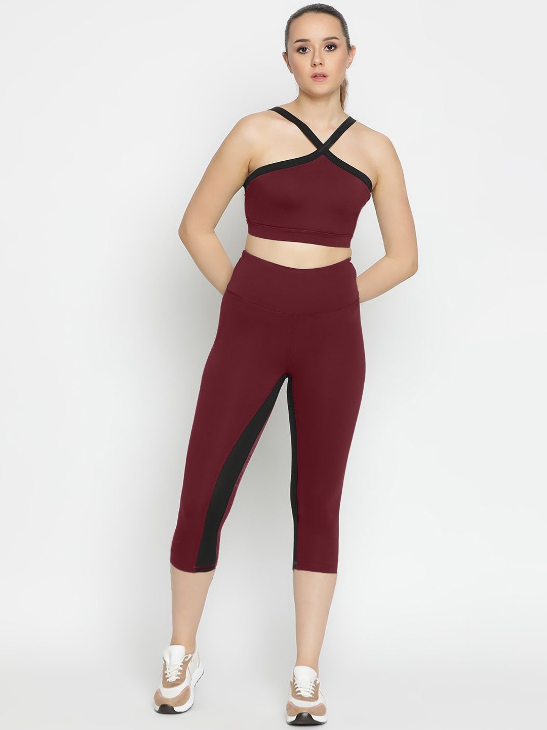 

Wearjukebox Halter Neck Top With High Rise Cropped Leggings, Maroon