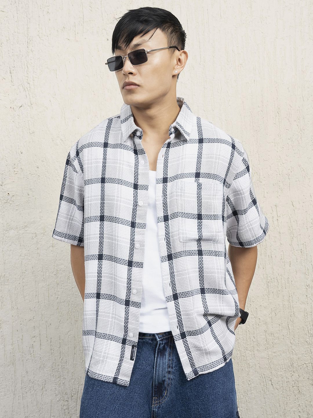 

Hubberholme Men Standard Spread Collar Checked Cotton Oversized Casual Shirt, Beige