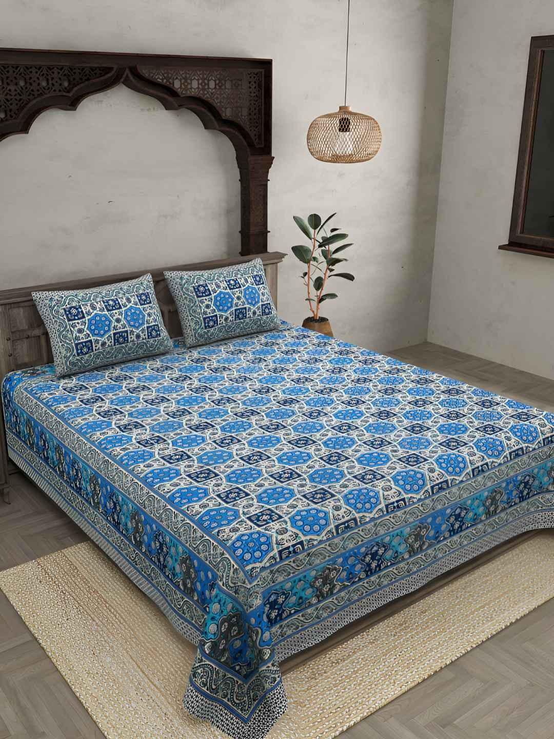 

BED-SHEET.COM Blue Pure Cotton Ethnic Motifs 144 TC King Bedsheet with 2 Pillow Covers