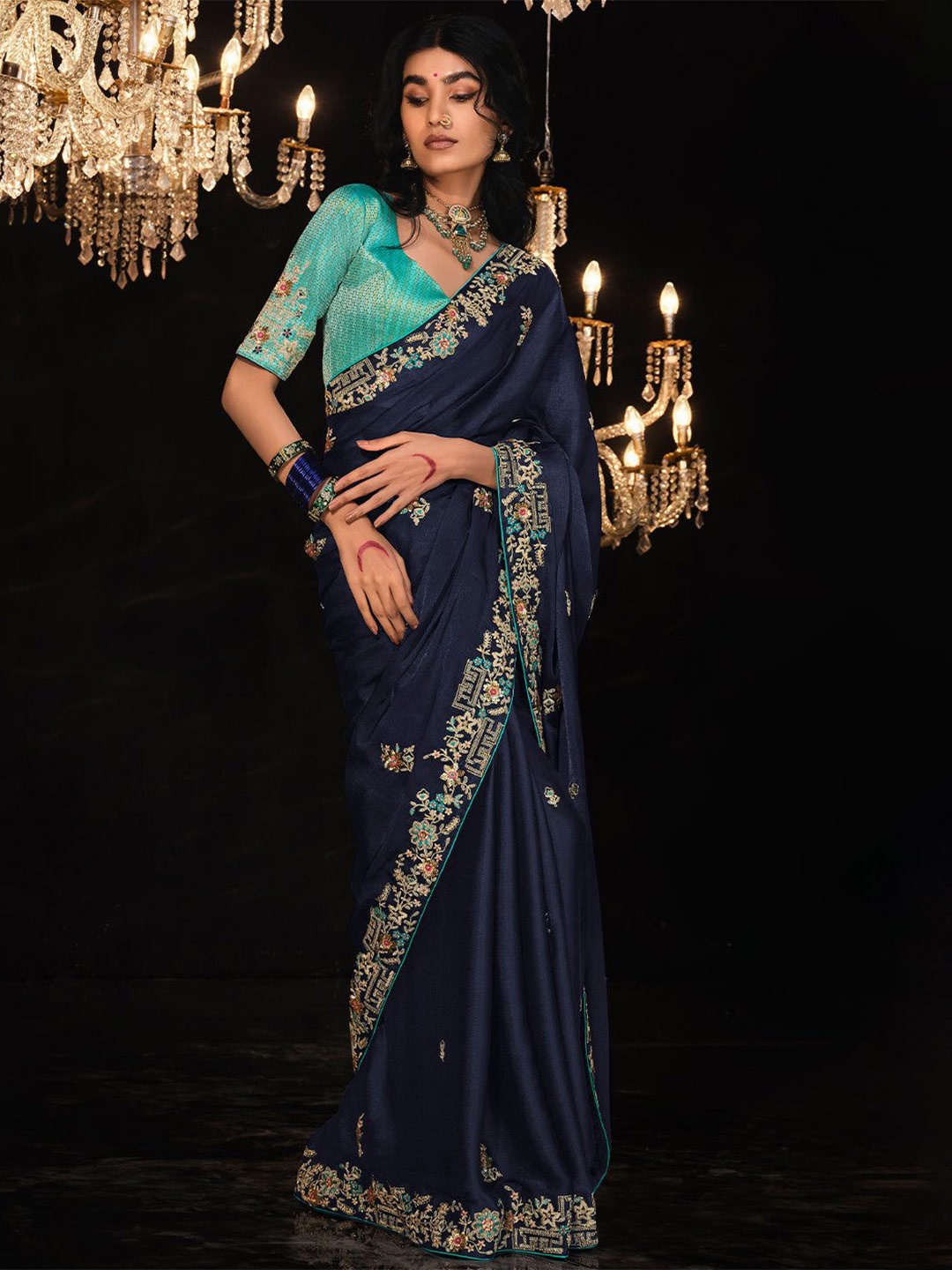 

MySilkLove Floral Embroidered Satin Blue Saree