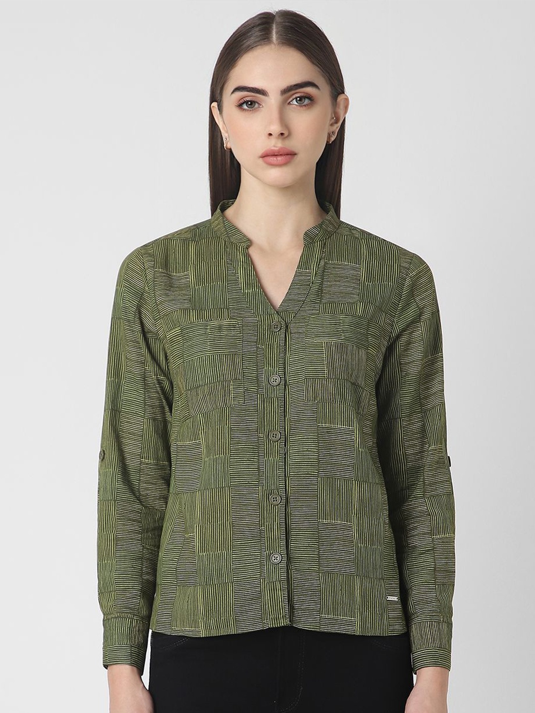 

Van Heusen Woman Women Mandarin Collar Solid Cotton Casual Shirt, Olive