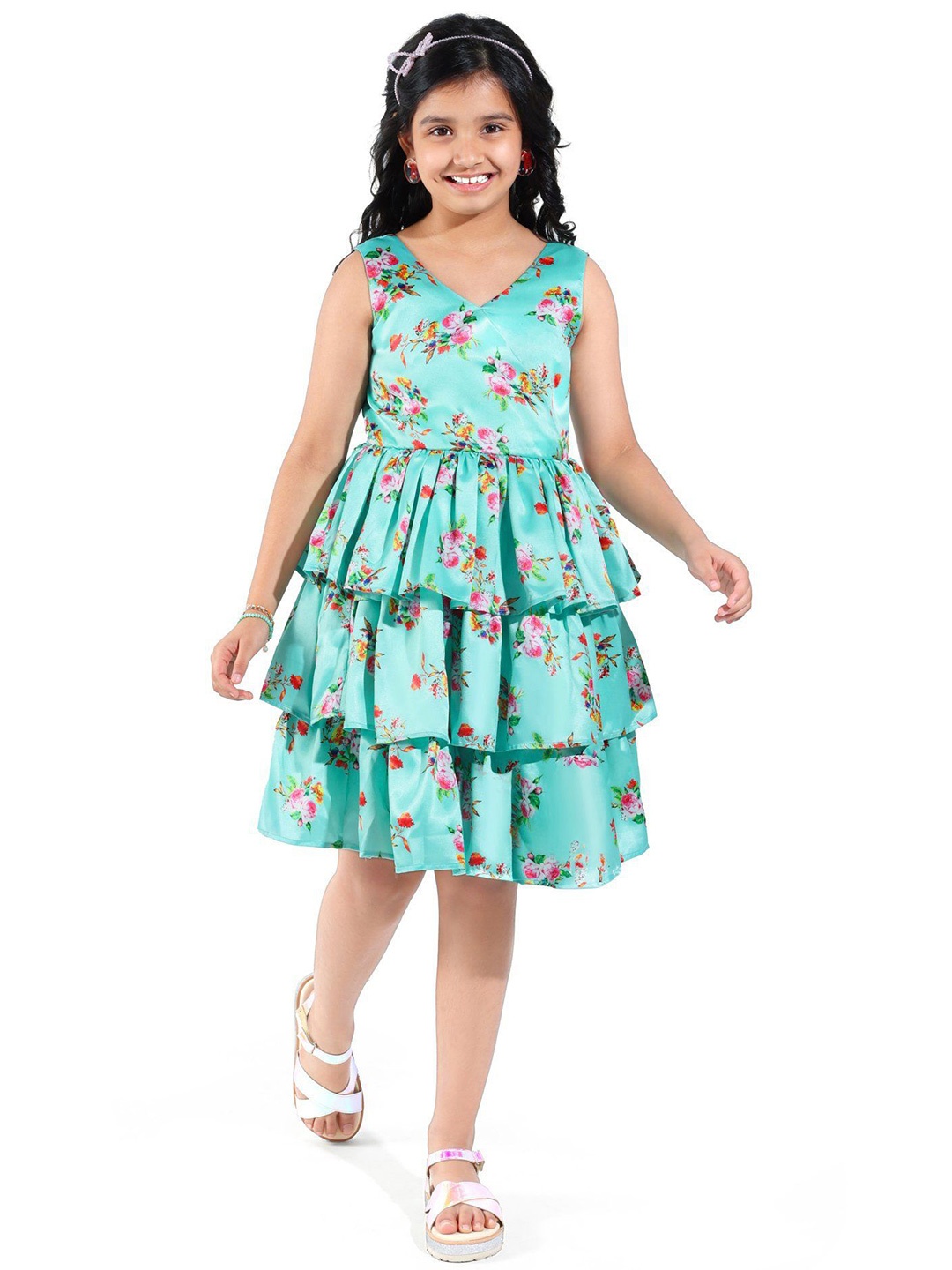 

Hola Bonita Girls Floral Printed Tiered Satin Fit & Flare Dress, Sea green