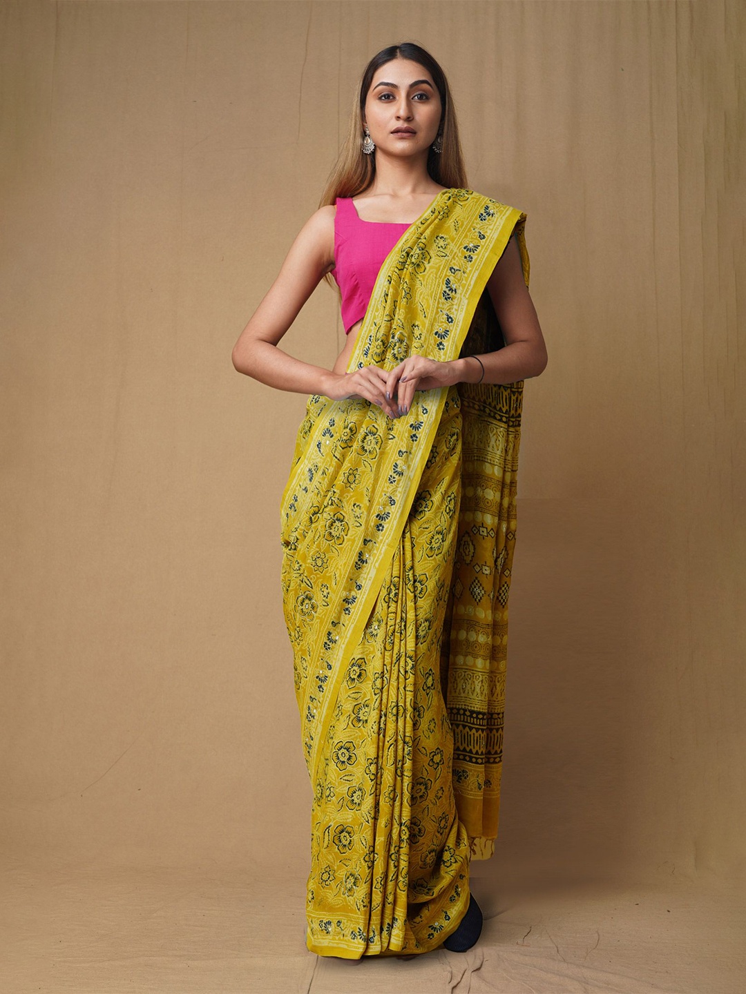 

Unnati Silks Ajrak Block Mirror Work Art Silk Handloom Chanderi Saree, Yellow