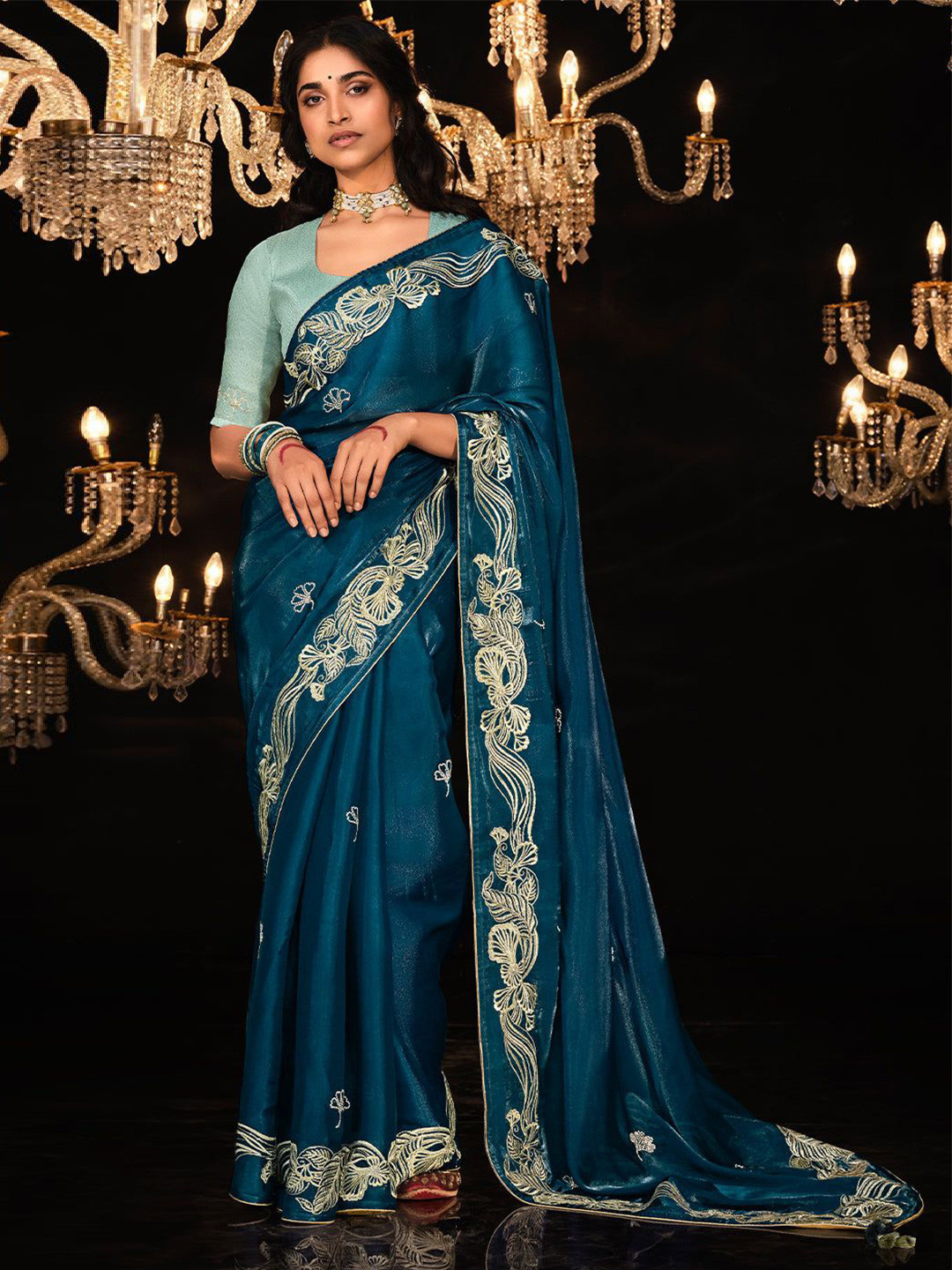 

MySilkLove Ethnic Motifs Embroidered Saree, Blue