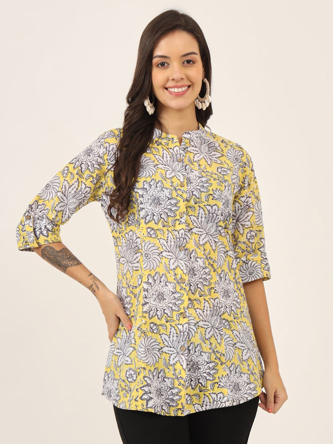 

KALINI Women Floral Printed Mandarin Collar Cotton Top, Yellow