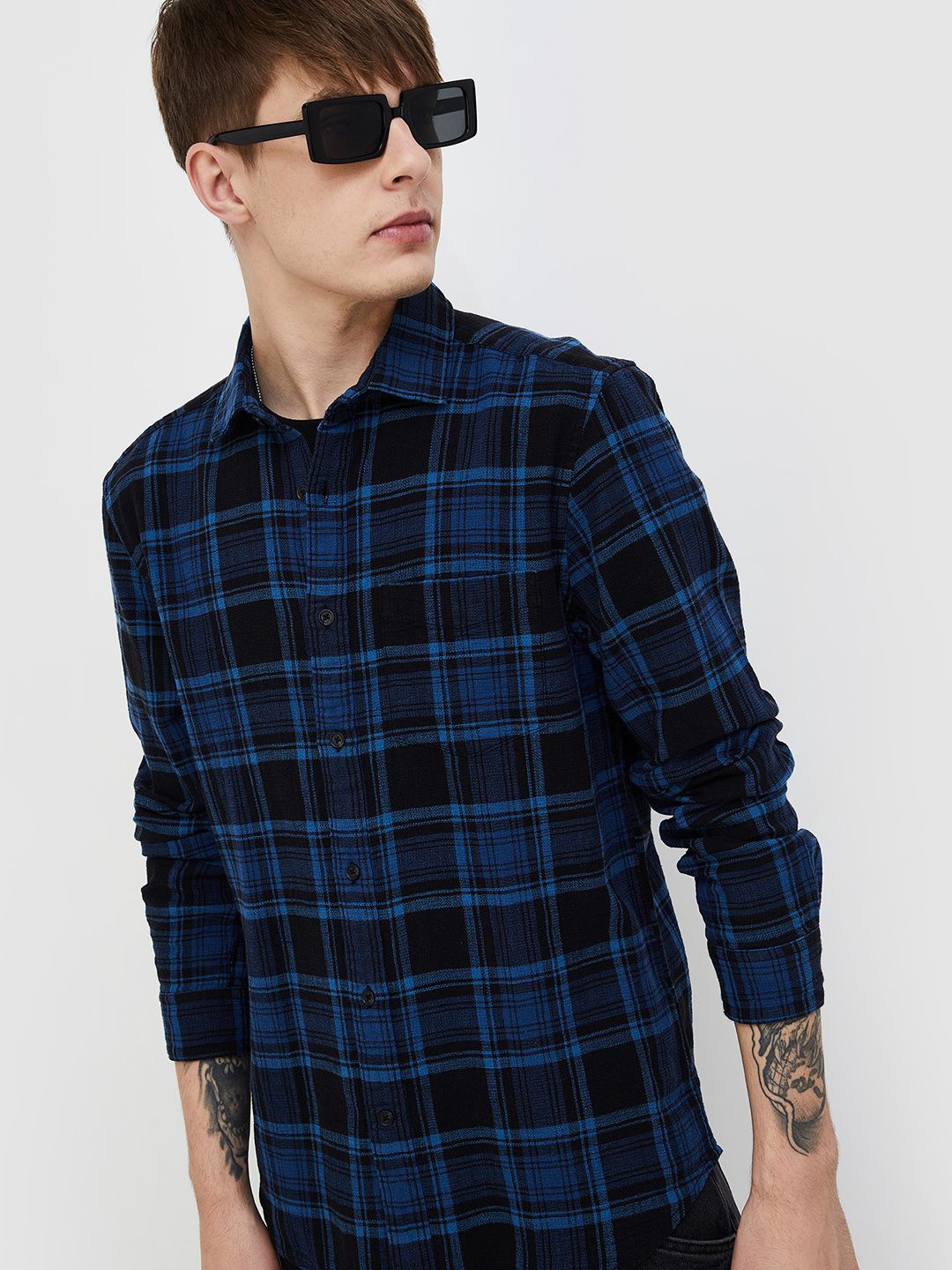 

Fame Forever by Lifestyle Men Spread Collar Tartan Checks Checked Cotton Casual Shirt, Blue