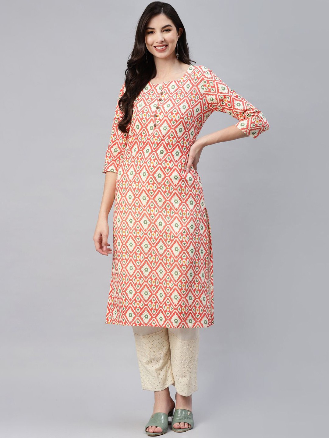 

BAESD Geometric Printed Round Neck Pure Cotton Straight Kurta, Red