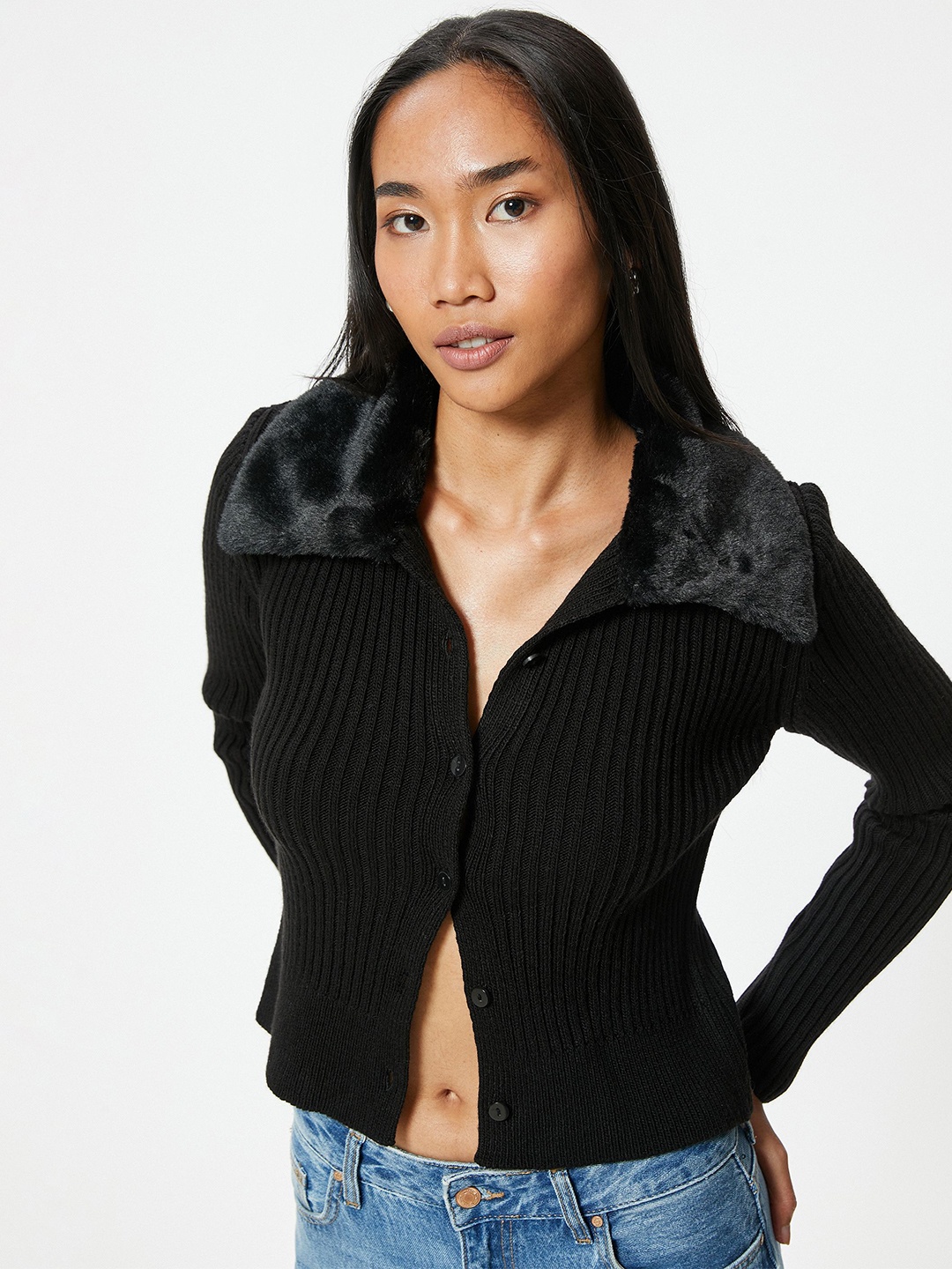 

Koton Women Ribbed Cardigan, Black